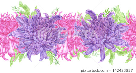 Hand drawn watercolor chrysanthemums with green leaves seamless border. Illustration of flower bouquets isolated on white background. Can be used for textile, scrapbook and other printed products Hand drawn watercolor chrysanthemums with green leaves seamless border. Illustration of flower bouquets isolated on white background. Can be used for textile, scrapbook and other printed products 142423837