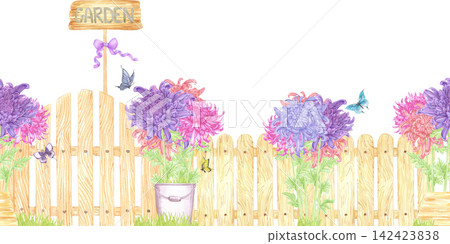 Hand drawn watercolor garden with chrysanthemums and bird house seamless frame border. Illustration of garden isolated on white background. Can be used for textile, scrapbook and other printed Hand drawn watercolor garden with chrysanthemums and bird house seamless frame border. Illustration of garden isolated on white background. Can be used for textile, scrapbook and other printed 142423838