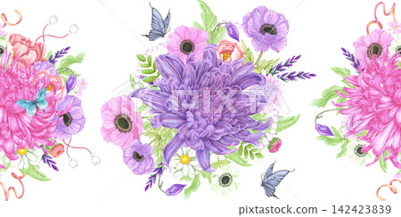 Hand drawn watercolor chrysanthemum and wild flowers bouquets with green leaves pearls and butterflies seamless frame border isolated on white background. Can be used for textile, scrapbook and other Hand drawn watercolor chrysanthemum and wild flowers bouquets with green leaves pearls and butterflies seamless frame border isolated on white background. Can be used for textile, scrapbook and other 142423839