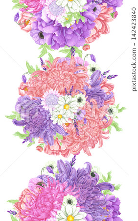 Hand drawn watercolor chrysanthemum and wild flowers bouquets with green leaves pearls and butterflies seamless frame border isolated on white background. Can be used for textile, scrapbook and other 142423840
