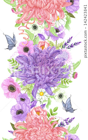 Hand drawn watercolor chrysanthemum and wild flowers bouquets with green leaves pearls and butterflies seamless frame border isolated on white background. Can be used for textile, scrapbook and other Hand drawn watercolor chrysanthemum and wild flowers bouquets with green leaves pearls and butterflies seamless frame border isolated on white background. Can be used for textile, scrapbook and other 142423841