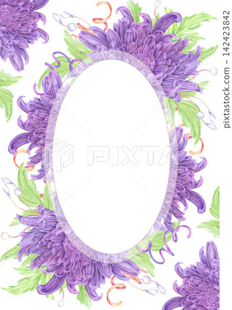 Hand drawn watercolor purple chrysanthemum blossom with green leaves ribbons and beads postcard frame border. Illustration of flower isolated on white background. Can be used for postcard, invitation, Hand drawn watercolor purple chrysanthemum blossom with green leaves ribbons and beads postcard frame border. Illustration of flower isolated on white background. Can be used for postcard, invitation, 142423842