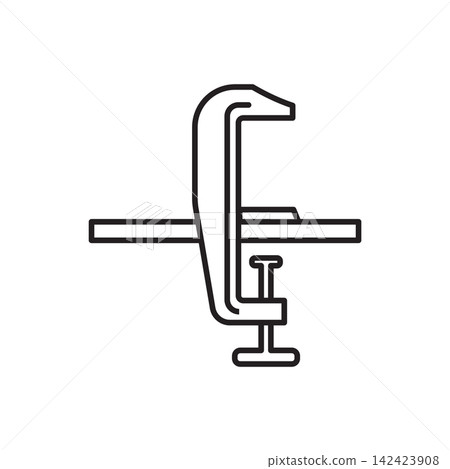 Minimalist line art icon of a screw-clamp stitching pony used to hold leather layers during hand sewing.  142423908