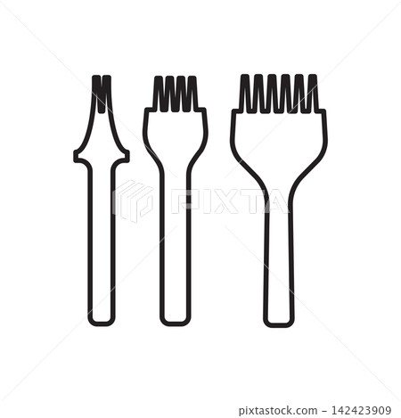 Minimalist line art icon of a 2-prong, 4-prong, and 6-prong pricking iron chisel set for leatherwork. 142423909