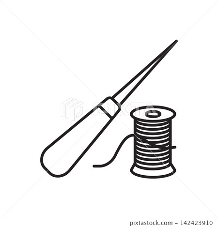 Minimalist line art icon of a sharp stitching awl tool paired with a spool of sewing thread. Minimalist line art icon of a sharp stitching awl tool paired with a spool of sewing thread. 142423910