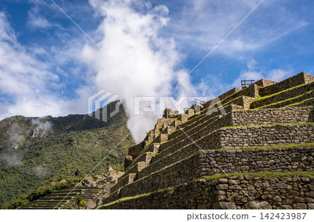 Panoramic view of Machu Picchu ruins with Huayna Picchu in background, Peru Panoramic view of Machu Picchu ruins with Huayna Picchu in background, Peru 142423987