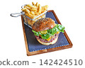 Beef Hamburger and basket of fries on a board 142424510