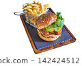 burger with fish and basket of fries on a board 142424512