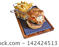 Vegetarian hamburger and basket of fries on a board 142424513