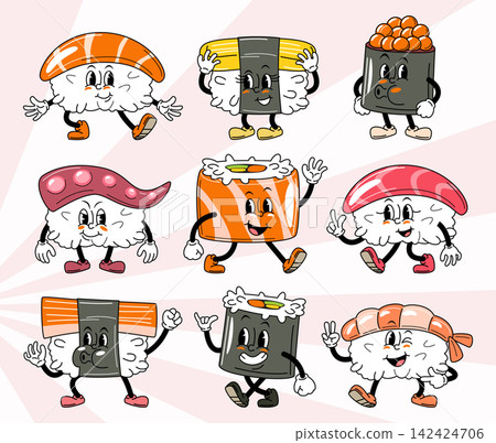 Japanese sushi retro rubber hose cartoon characters set, featuring walking salmon nigiri, tamago, ikura gunkan, octopus sushi, maki roll, tuna, crab stick sushi and shrimp nigiri. Vector illustration. Japanese sushi retro rubber hose cartoon characters set, featuring walking salmon nigiri, tamago, ikura gunkan, octopus sushi, maki roll, tuna, crab stick sushi and shrimp nigiri. Vector illustration. 142424706
