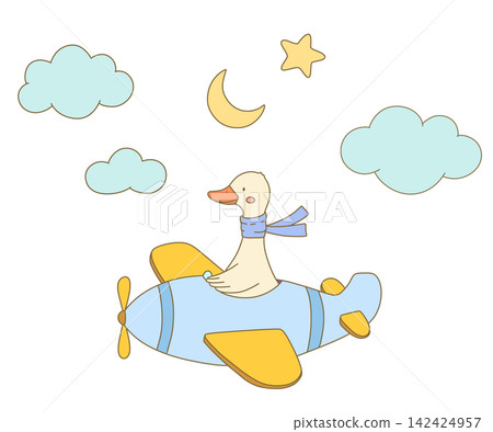 Cute goose flying plane in sky. Cartoon pilot character for children nursery art, baby shower design, vector flat isolated illustration 142424957