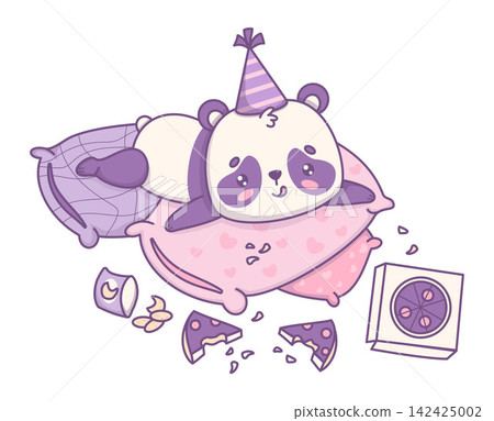 Cute Kawaii Panda In Party Hat Lying Exhausted On Pillows With Pizza Box And Chips. Happy Lazy Bear Character Food Coma Concept. Lonely Introvert Birthday Celebration. Vector Illustration. Cute Kawaii Panda In Party Hat Lying Exhausted On Pillows With Pizza Box And Chips. Happy Lazy Bear Character Food Coma Concept. Lonely Introvert Birthday Celebration. Vector Illustration. 142425002