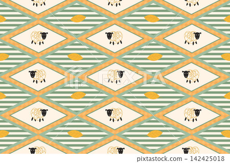 Cute Sheep Baby Diamond Seamless Pattern with Stripes and Leaves Cute Sheep Baby Diamond Seamless Pattern with Stripes and Leaves 142425018