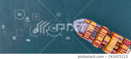 Aerial view container ship cargo freight shipping international, Global business freight shipping import export logistic transportation container ship, Container ship cargo sea freight container ship. Aerial view container ship cargo freight shipping international, Global business freight shipping import export logistic transportation container ship, Container ship cargo sea freight container ship. 142425223