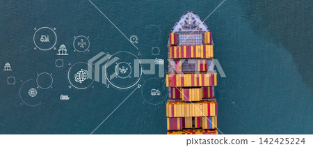 Aerial view container ship cargo freight shipping international, Global business freight shipping import export logistic transportation container ship, Container ship cargo sea freight container ship. Aerial view container ship cargo freight shipping international, Global business freight shipping import export logistic transportation container ship, Container ship cargo sea freight container ship. 142425224
