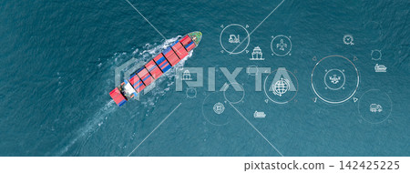 Aerial view container ship logistic container cargo, Global business container cargo freight shipping commercial trade logistic transportation international container, Container cargo freight ship. Aerial view container ship logistic container cargo, Global business container cargo freight shipping commercial trade logistic transportation international container, Container cargo freight ship. 142425225