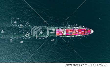 Aerial view container ship cargo shipping business logistic import and export freight transportation by container ship in open sea, Container loading cargo freight ship boat. Aerial view container ship cargo shipping business logistic import and export freight transportation by container ship in open sea, Container loading cargo freight ship boat. 142425226
