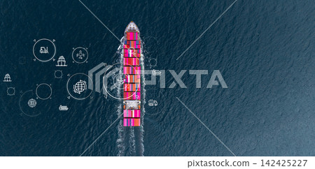 Aerial view container cargo ship freight shipping international, Global business freight shipping import export logistic transportation container ship, Container cargo ship sea freight container ship. Aerial view container cargo ship freight shipping international, Global business freight shipping import export logistic transportation container ship, Container cargo ship sea freight container ship. 142425227