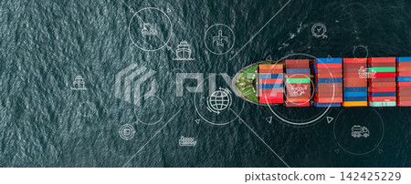 Aerial view container cargo ship freight shipping international, Global business freight shipping import export logistic transportation container ship, Container cargo ship sea freight container ship. Aerial view container cargo ship freight shipping international, Global business freight shipping import export logistic transportation container ship, Container cargo ship sea freight container ship. 142425229