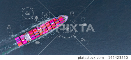 Aerial view container cargo ship freight shipping international, Global business freight shipping import export logistic transportation container ship, Container cargo ship sea freight container ship. Aerial view container cargo ship freight shipping international, Global business freight shipping import export logistic transportation container ship, Container cargo ship sea freight container ship. 142425230