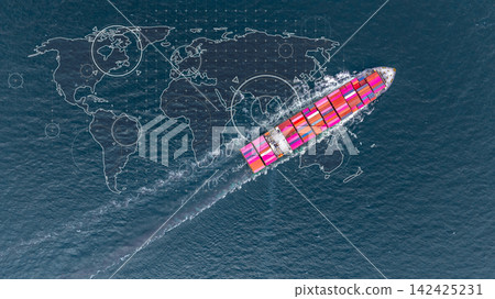 Aerial view container cargo ship freight shipping international, Global business freight shipping import export logistic transportation container ship, Container cargo ship sea freight container ship. 142425231