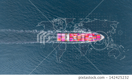 Aerial view container cargo ship freight shipping international, Global business freight shipping import export logistic transportation container ship, Container cargo ship sea freight container ship. Aerial view container cargo ship freight shipping international, Global business freight shipping import export logistic transportation container ship, Container cargo ship sea freight container ship. 142425232