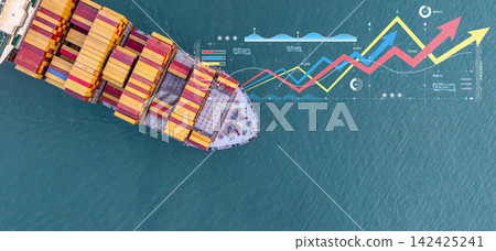 Aerial view container ship cargo freight shipping international, Global business freight shipping import export logistic transportation container ship, Container ship cargo sea freight container ship. Aerial view container ship cargo freight shipping international, Global business freight shipping import export logistic transportation container ship, Container ship cargo sea freight container ship. 142425241