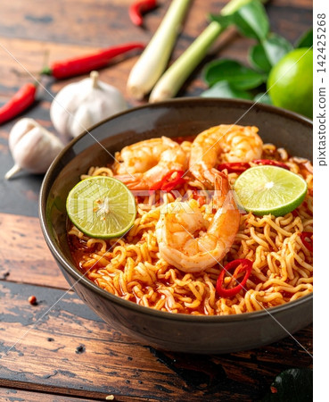 Tom Yum Goong Instant Noodle Ramen Asian Style Thai and Chinese are spicy 142425268