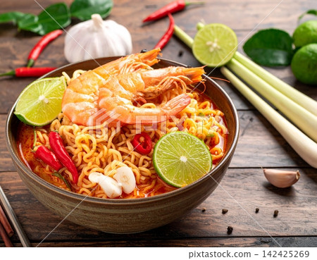 Tom Yum Goong Instant Noodle Ramen Asian Style Thai and Chinese are spicy Tom Yum Goong Instant Noodle Ramen Asian Style Thai and Chinese are spicy 142425269