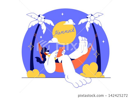 Hammock Vector Illustration Featuring Relaxing Outdoor Leisure, Comfortable Rest, Tropical Nature, Summer Vacation and Peaceful Lifestyle Hammock Vector Illustration Featuring Relaxing Outdoor Leisure, Comfortable Rest, Tropical Nature, Summer Vacation and Peaceful Lifestyle 142425272