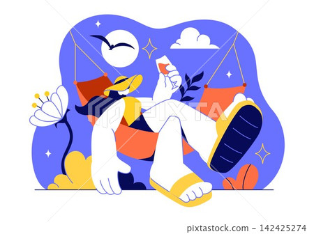 Hammock Vector Illustration Featuring Relaxing Outdoor Leisure, Comfortable Rest, Tropical Nature, Summer Vacation and Peaceful Lifestyle 142425274