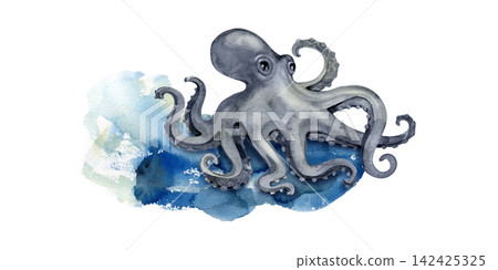 Watercolor gray octopus swimming over a blue ocean wave sea life illustration 142425325