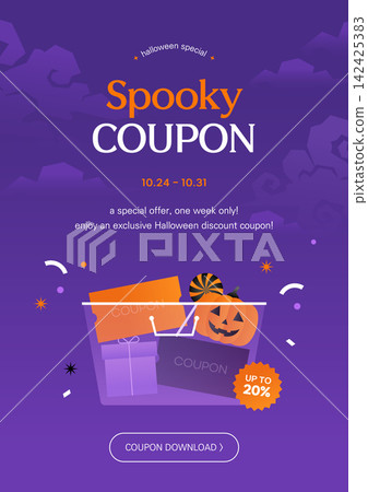 Spooky Halloween Discount Coupon Vector Banner Template with Pumpkin and Candy Vector 142425383