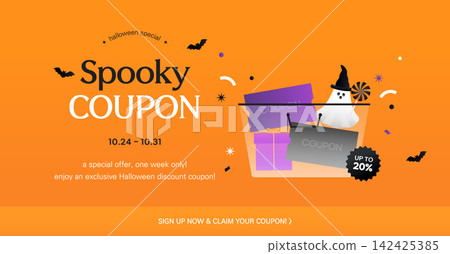Halloween Sale Promo Banner Template with Cute Ghost, Witch Hat, and Coupons Vector Halloween Sale Promo Banner Template with Cute Ghost, Witch Hat, and Coupons Vector 142425385