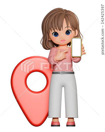 3D CG | Young Japanese woman sharing location information using her smartphone 142425397