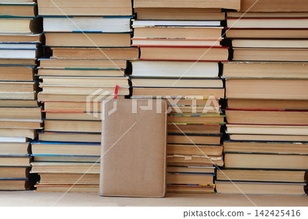 Leather-bound organizer with stacked books in the background Leather-bound organizer with stacked books in the background 142425416