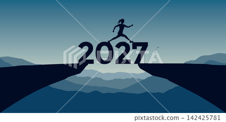 successful woman on a cliff run on 2027 typography vector ilustration successful woman on a cliff run on 2027 typography vector ilustration 142425781
