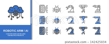 Robotic arm icon set flat style design vector illustration. Artificial Intelligence Robot Arm Line Icon, Industrial Automation Robotic Arm Technology Vector Robotic arm icon set flat style design vector illustration. Artificial Intelligence Robot Arm Line Icon, Industrial Automation Robotic Arm Technology Vector 142425834