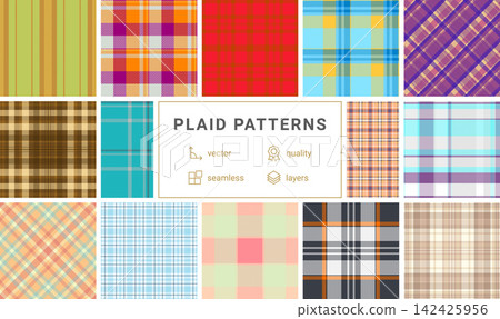 Plaid collection designed for fashion lifestyle products. The pack suits outerwear, skirts, jackets, and digital mockups. Seamless vectors feel continuous. Plaid collection designed for fashion lifestyle products. The pack suits outerwear, skirts, jackets, and digital mockups. Seamless vectors feel continuous. 142425956