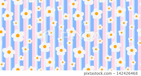 Seamless pattern gingham and girly daisy cute with vector background plaid. Flower summer blue and baby girl ditsy with chamomile cover damask. Repeat checkered wallpaper and simple heart teen. 142426468