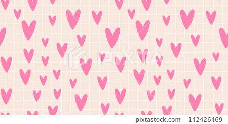Seamless day print with heart pattern vector and polka love background. Cute vertical bg with repeat color girl and checker girly pink. Pastel texture mini with romance check line and paper. 142426469