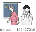 An illustration depicting home care for a mother with dementia who wanders around at night, and her sleepy-eyed daughter who tries to help her. 142427010
