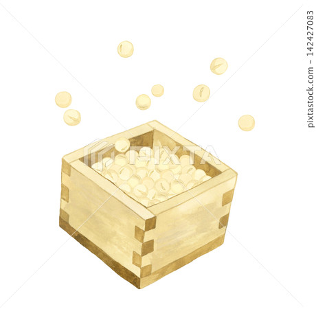 Wooden measuring cup (masu) and raw soybeans - Hand-drawn watercolor illustration material 142427083