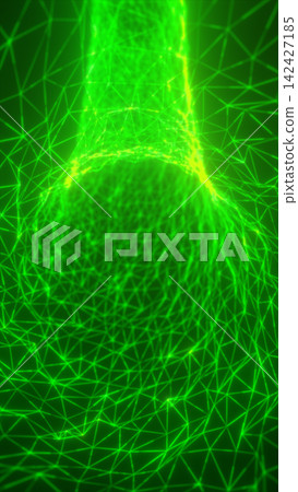 Bright green polygon network forms a futuristic wireframe structure with glowing lines, nodes, and digital mesh depth. Bright green polygon network forms a futuristic wireframe structure with glowing lines, nodes, and digital mesh depth. 142427185