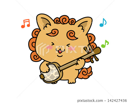 An illustration of a cute Shisa playing the Okinawan instrument, the sanshin, and singing. An illustration of a cute Shisa playing the Okinawan instrument, the sanshin, and singing. 142427436