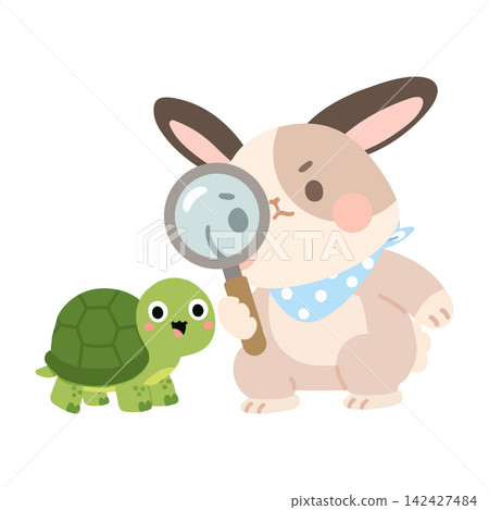 Rabbit looking at turtle with magnifying glass 142427484
