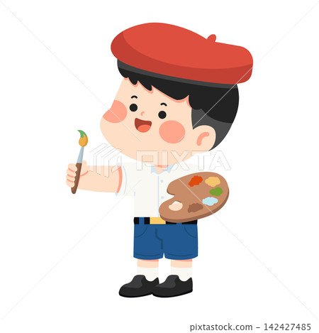 Student boy artist holding paint palette Student boy artist holding paint palette 142427485