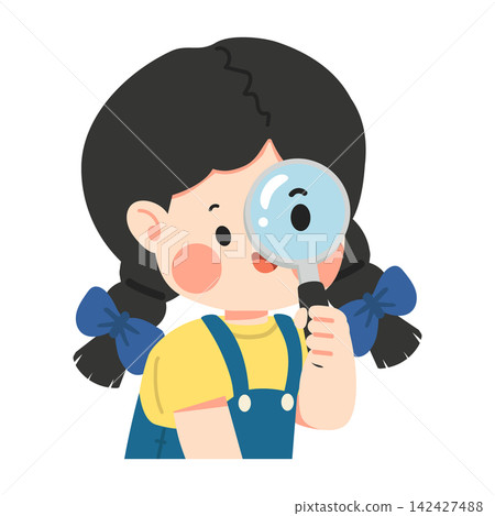 Young student using magnifying glass to explore Young student using magnifying glass to explore 142427488