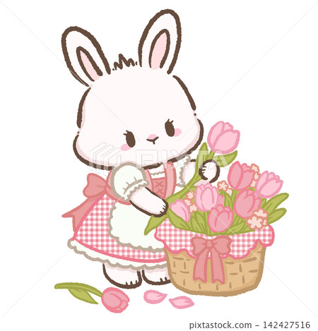 Cute Chibi White Bunny Wearing Pink Gingham Dirndl Arranging Pink Tulips In Flower Basket Bavarian Spring Meadow Cottage Garden Kawaii Character Illustration Cute Chibi White Bunny Wearing Pink Gingham Dirndl Arranging Pink Tulips In Flower Basket Bavarian Spring Meadow Cottage Garden Kawaii Character Illustration 142427516