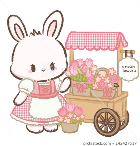 Cute Chibi White Bunny Wearing Pink Gingham Dirndl Beside Fresh Flower Market Cart Filled With Tulips Bavarian Village Spring Kawaii Character Illustration 142427517